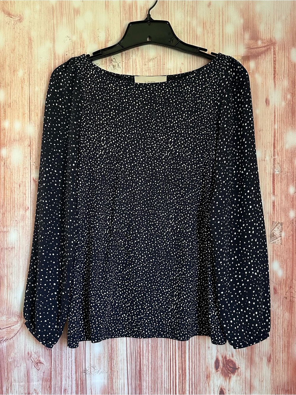 Loft Petites Navy Blue Long Sleeve White Dot Print Boatneck Blouse Sz XS Petite